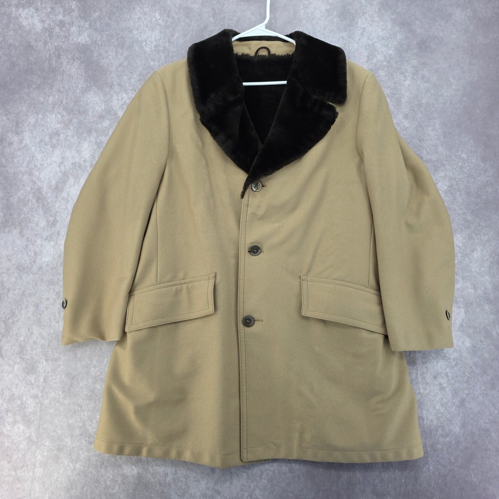 Vintage Sears Travelknit Mens Tan Car Coat Faux Fur Collar Lining Size 40 Reg